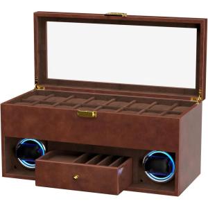 imageDUKWIN 16 Slot Watch Display Case with Watch Winding for 2 Watch Winder with 4 Rotation Mode Adjustable Watch Pillow and Blue LED Light for Watch Lover Multifunctional Watch BoxBrown RD1602 for 2