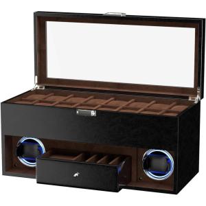 imageDUKWIN 16 Slot Watch Display Case with Watch Winding for 2 Watch Winder with 4 Rotation Mode Adjustable Watch Pillow and Blue LED Light for Watch Lover Multifunctional Watch BoxBlack RD1602 for 2