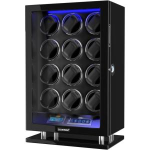 imageDUKWIN Fingerprint Lock Watch Winder 12 Automatic Winding Spaces with Smart LCD Touch ScreenBlue LED Light Quiet Motor and Adjustable Watch Pillows for Gentles and Ladies