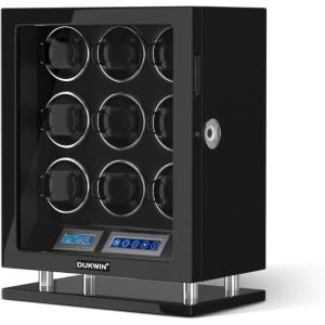 imageDUKWIN Fingerprint Lock Watch Winder 68912 Automatic Winding Spaces with Smart LCD ScreenBlue LED Light Quiet Motor and Adjustable Watch Pillows for Gentles and Ladies9 Winding Spaces
