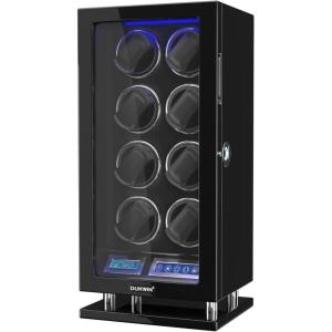imageDUKWIN Fingerprint Lock Watch Winder 68912 Automatic Winding Spaces with Smart LCD ScreenBlue LED Light Quiet Motor and Adjustable Watch Pillows for Gentles and Ladies8 Winding Spaces