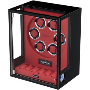 imageDUKWIN Fingerprint Lock Watch Winder for 69 Automatic Watches Automatic Watch Winder with 6 Watch Holders LCD Display Adjustable Watch Pillow and RGB LED Light for Gentles and Ladies 8 TPDFW066RED
