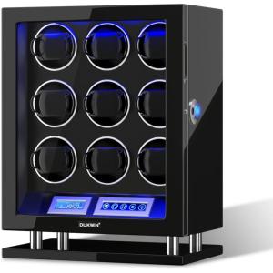 imageDUKWIN Watch Winder for 3468912 Automatic Watches Fingerprint Lock Watch Winders with LCD Touchscreen Blue LED Light Remote ControlAdjustable Watch Pillow for Universal Watches 5TPDBlack for 9