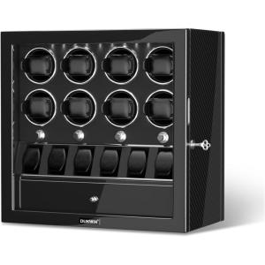 imageDUKWIN Watch Winder for 468 Automatic Watches Lockable Winders with Watch Holders and Jewelry Storage Super Quiet Motor with HighGloss Finish Builtin IlluminationCarbon Fiber Watch Winders for 8 Watches