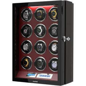 imageDUKWIN Watch Winder for 6912 Automatic Watches with Key Lock LCD Screen Remote Control LED Light Adjustable Watch Pillow and Supper Quiet Motor for Universal WatchesRed DK0 for 12