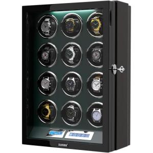 imageDUKWIN Watch Winder for 6912 Automatic Watches with Key Lock LCD Screen Remote Control LED Light Adjustable Watch Pillow and Supper Quiet Motor for Universal WatchesGreen DK0 for 12