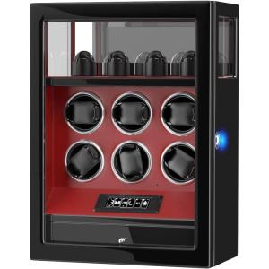 imageDUKWIN Watch Winder Automatic Watch Winder for 6 Watches with 4 Watches Stand Holder Display and Jewelry Storage Drawer  Builtin White Illumination Quiet Mabuchi Motors Red