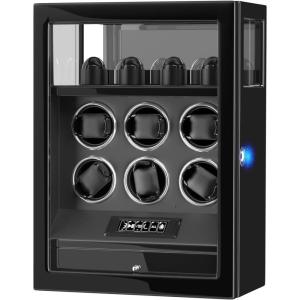 imageDUKWIN Watch Winder Automatic Watch Winder for 6 Watches with 4 Watches Stand Holder Display and Jewelry Storage Drawer Builtin White Illumination Quiet Mabuchi Motors Black