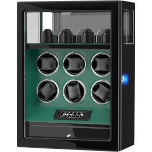 imageDUKWIN Watch Winder Automatic Watch Winder for 6 Watches with 4 Watches Stand Holder Display and Jewelry Storage Drawer Builtin White Illumination Quiet Mabuchi Motors Green