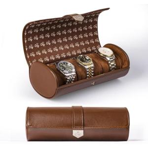 imageDUKWIN Watch Roll for 3 Watches Travel Watch Case Organizer with Removable Pillows for Men and WomenLeather Display Case for Watches Collection and Gift for Anniversary BirthdayBlue Watch StorageBrown for 3