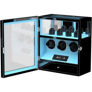 imageDUKWIN Watch Winder Fingerprint Lock Automatic Watch Winder for 369 Watches with 4 Holders3002300 TPDDigital Display Remote ControlJewelry Storage and Adjustable Watch Pillow and LED LightBlue Winder for 3